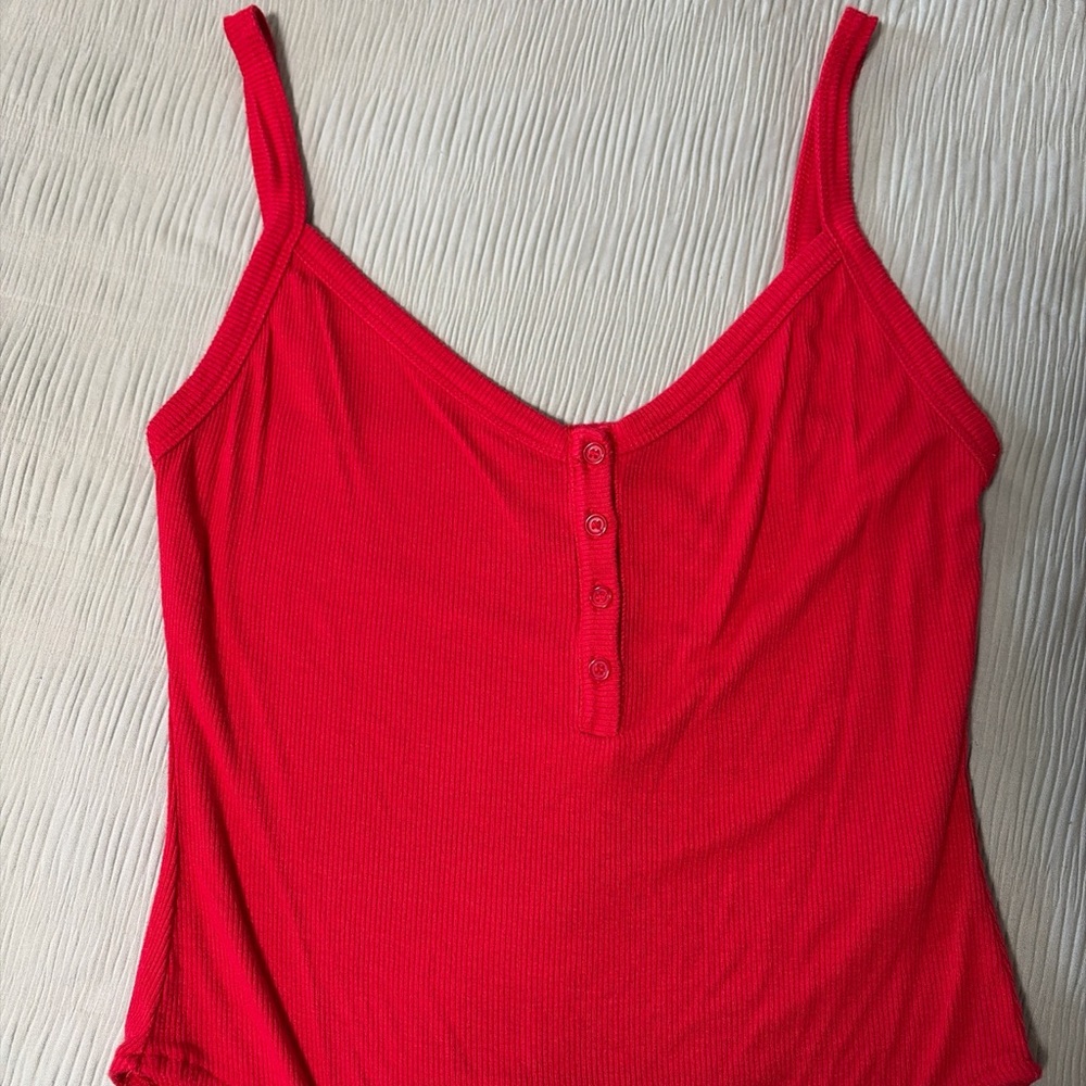 Forever 21 Red Ribbed Button-Front Bodysuit